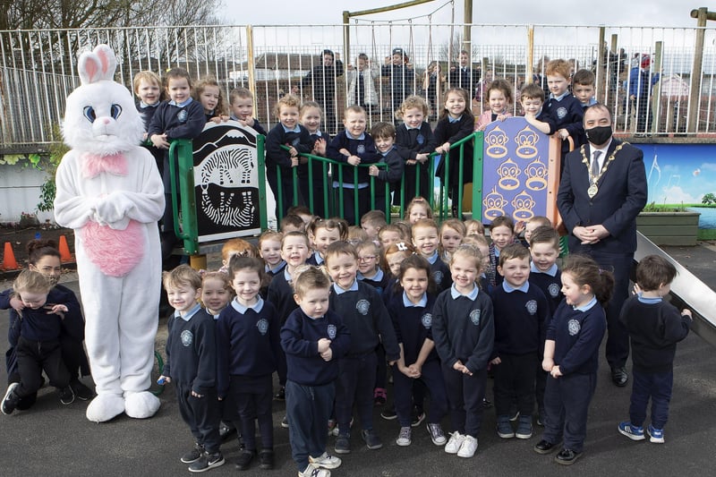 Mayor Brian Tierney with the Easter Bunny on a visit to Rosemount Nursery School and staff. Included, on right, is Paul Bradley, principal.