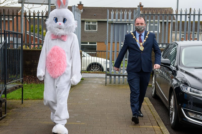 Derry City and Strabane District Council Mayor, Councillor Brian Tierney pictured during a visit to Greenhaw Primary School where he presented Easter Eggs and commended the pupils on their contribution to a Mayoral art Competition. Picturfe Martin McKeown. 29.03.21