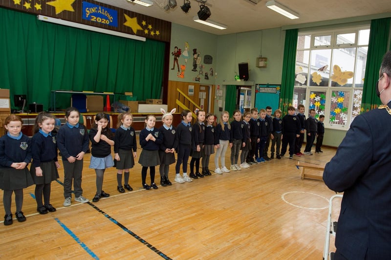 Derry City & Strabane District Council Mayor Brian Tierney speaking to years 2-3 children at Strabane Controlled Primary School during a recent visit.