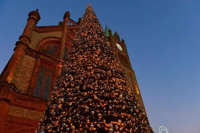 The 60ft Christmas tree in Guildhall Square. Photos: George Sweeney. DER2150GS – 047