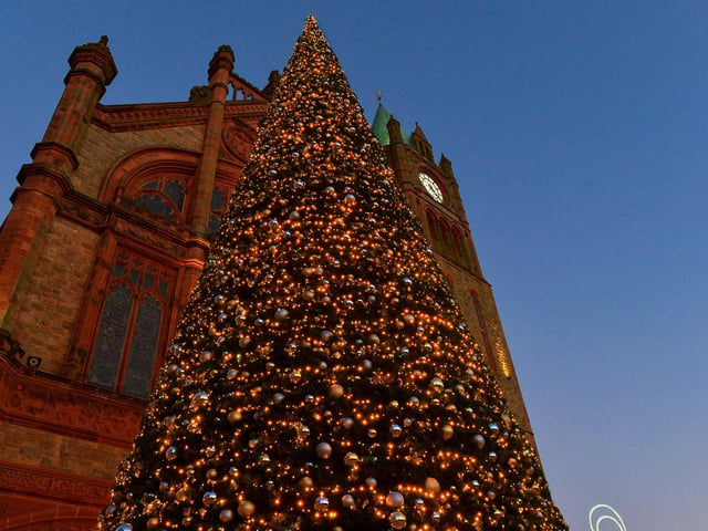 The 60ft Christmas tree in Guildhall Square. Photos: George Sweeney. DER2150GS – 047