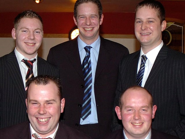 Pictured at Moneymore Young Farmers annual dinner dance in 2007 were Kyle Campton (club president), Adrian Cooper (special guest), Stuart Mills, Philip Keatley (club leader) and David Keatley.