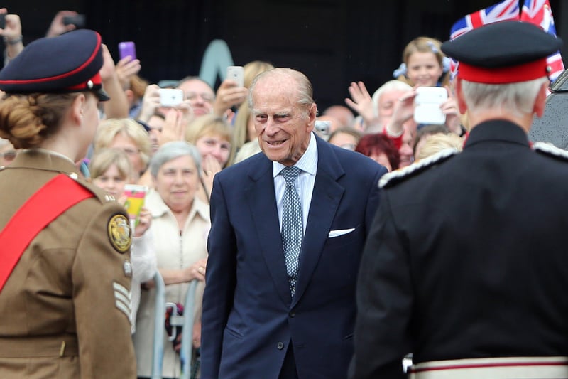 COLERAINE, NORTHERN IRELAND - JUNE 25:  Prince Philip, Duke of Edinburgh leaves after the launching of the World War One commemorations, on the third and final day of the Queen's visit to Northern Ireland, on June 25, in Coleraine, Northern Ireland. (Photo by Paul Faith - WPA Pool/Getty Images)