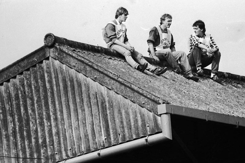 September... These supporters perched themselves on the roof of the Glentoran Stand to get a bird's eye view of Derry City FC's historic return to senior football in 1985. Derry beat Home Farm by three goals to one in their first ever game under the auspices of League of Ireland football.