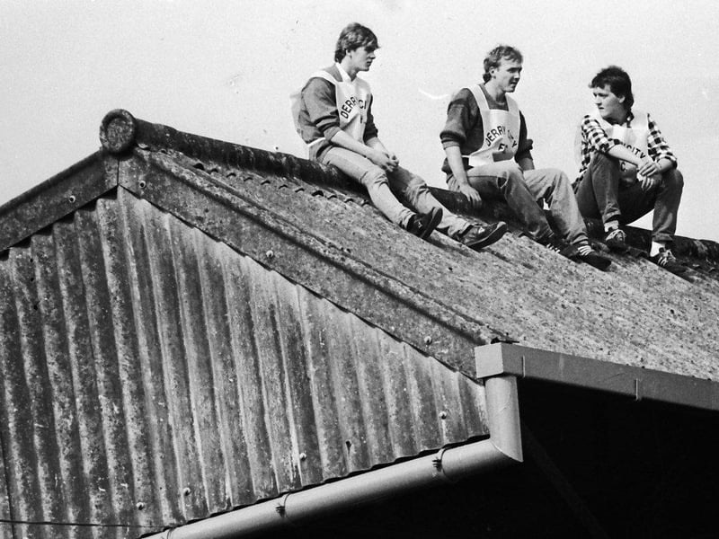 September... These supporters perched themselves on the roof of the Glentoran Stand to get a bird's eye view of Derry City FC's historic return to senior football in 1985. Derry beat Home Farm by three goals to one in their first ever game under the auspices of League of Ireland football.