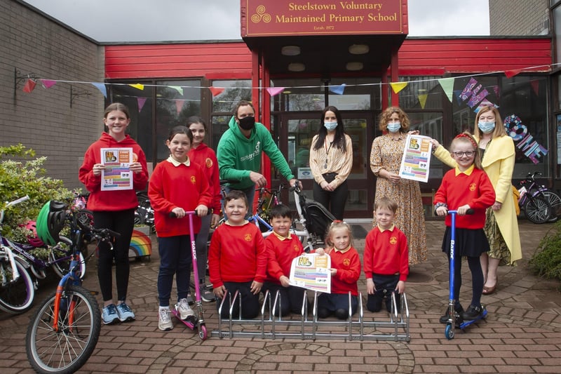 Pupil representatives from Steelstown Primary School pictured last week with their â€ ̃Big Pedalâ€TM prizes. (Photos: Jim McCafferty Photography)