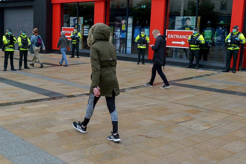 PSNI officer pictured in Waterloo Place during the recent Justice for George Floyd rally held in Guildhall Square. DER2320GS – 044