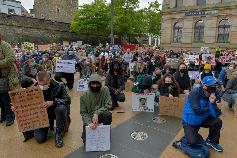 People taking a knee for 8 minutes 44 seconds, during the Justice for George Floyd held in Guildhall Square on Saturday afternoon last. DER2320GS – 033