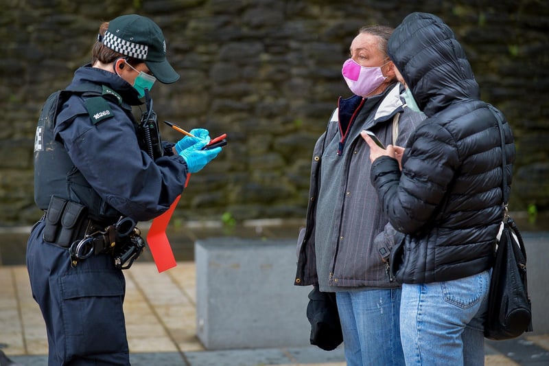 PSNI officers issued fines and community resolution notices during the Justice for George Floyd rally in Guildhall Square on Saturday afternoon last. DER2320GS - 015