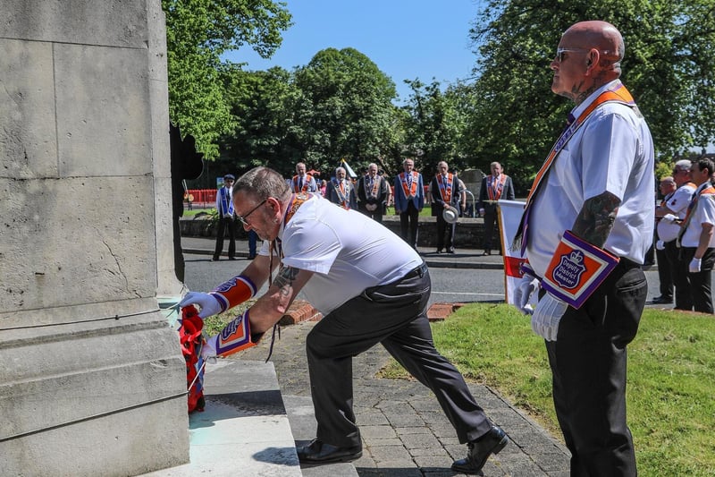 DWM Lisburn District LOL No6 Bro Stephen Law lays a Wreath at Hilden War Memorial on Empire Sunday. Pic by Norman Briggs, rnbphotographyni