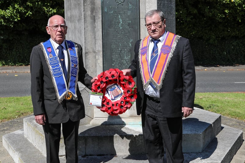 Past District Master Fred Willoughby and Worshipful Master of Lambeg LOL912 Bro Thomas McCready at Hilden War Memorial. Pic by Norman Briggs, rnbphotographyni