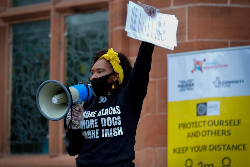 Lilian Seenoi Barr, Director of Programmes at the The North West Migrants Forum speaking at the recent Justice for George Floyd rally held in Guildhall Square. DER2320GS – 041