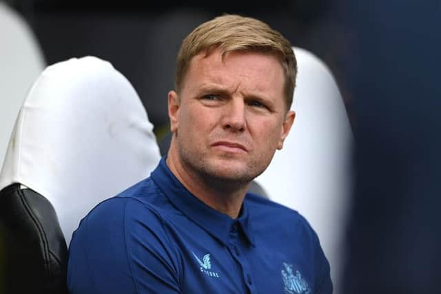 Newcastle United head coach Eddie Howe looks on during the Premier League match between Newcastle United and Nottingham Forest at St. James Park on August 06, 2022 in Newcastle upon Tyne, England. (Photo by Stu Forster/Getty Images)