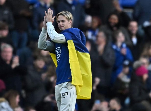 Chelsea's new signing, Chelsea's Ukrainian midfielder Mykhailo Mudryk is introduced to the crowd at half-time in the English Premier League football match between Chelsea and Crystal Palace at Stamford Bridge in London on January 15, 2023.(Photo by BEN STANSALL/AFP via Getty Images)