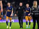 Newcastle United head coach Eddie Howe with Kieran Trippier at the end of the Premier League match at The Tottenham Hotspur Stadium.