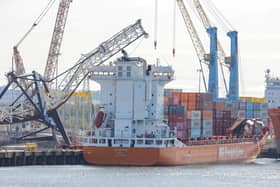 The scene at the Port of Tyne where two vessels collided and a crane collapsed. Photo by Will Walker/North News & Pictures