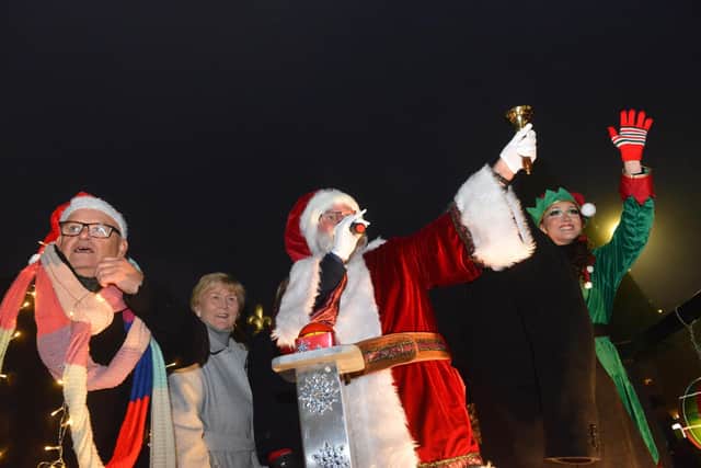 Hebburn Christmas lights switch on from South Tyneside Council leader Cllr Tracey Dixon, Mayoress Jean Copp, Cllr Richard Porthouse and Santa Claus with his Elf.