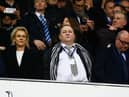 Newcastle United owner Mike Ashley (C), Linda Ashley (L) and managing director Lee Charnley (R) look on from the stand prior to the Barclays Premier League match between Tottenham Hotspur and Newcastle United at White Hart Lane on December 13, 2015 in London, England.