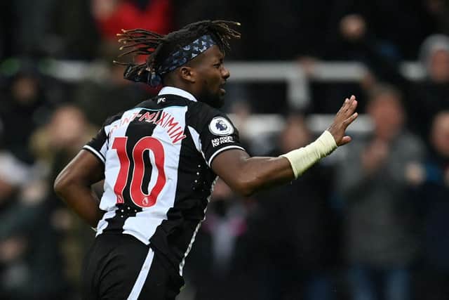 Newcastle United's French midfielder Allan Saint-Maximin celebrates after scoring the opening goal of the English Premier League football match between Newcastle United and Manchester United at St James' Park (Photo by PAUL ELLIS/AFP via Getty Images)