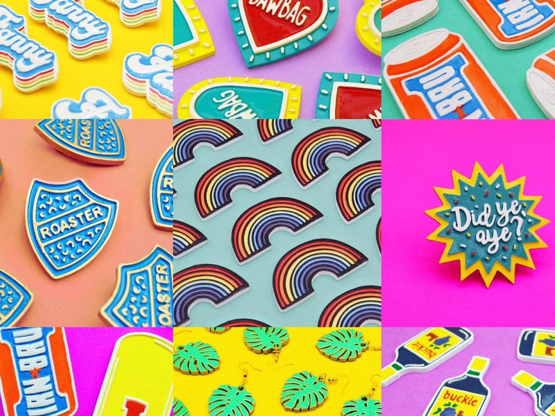 Hand painted badges, necklaces, earrings and fridge magnets with famous Scottish drinks, slang and more. Sign us up.