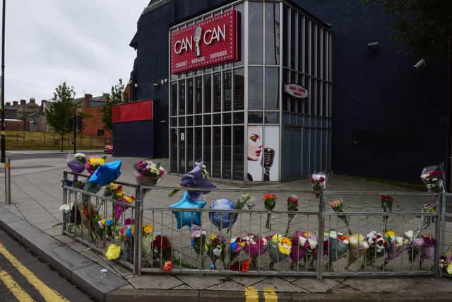 Flowers have been left outside of the Can Can Bar on Ocean Road, South Shields, close to where Steven Thompson sadly died on Bank Holiday Monday.