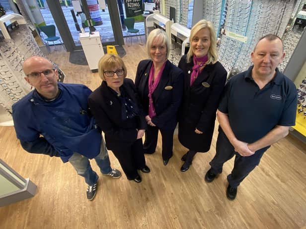 Specsavers South Shields staff (left to right) Paul Wilson, Diane Wemyss, Claire Green, Louise Scott and Graham Robinson Picture by FRANK REID