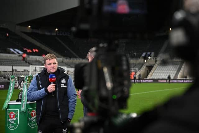 Newcastle United head coach Eddie Howe gives an interview to Sky Sports after the club's Carabao Cup quarter-final against Leicester City.