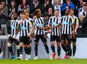 Newcastle United's Alexander Isak, second right, celebrates scoring his team's first goal.