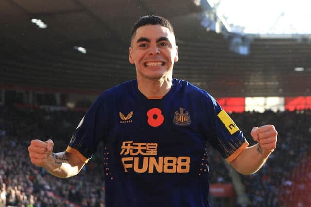 Miguel Almiron of Newcastle United celebrates after scoring their team's first goal during the Premier League match between Southampton FC and Newcastle United at Friends Provident St. Mary's Stadium on November 06, 2022 in Southampton, England. (Photo by David Cannon/Getty Images)