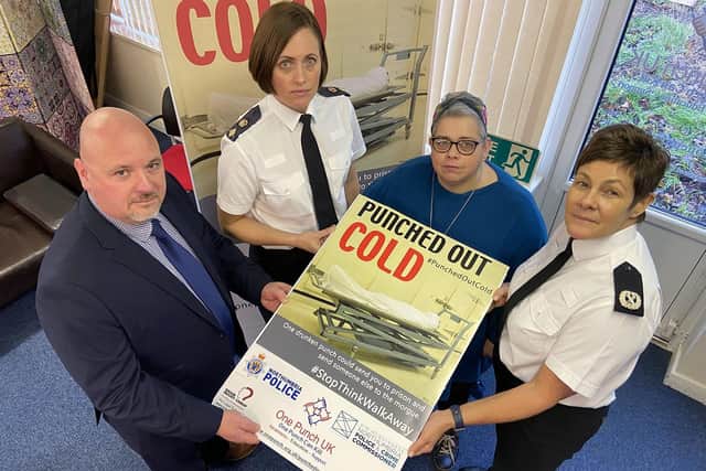 (Left to right) Mick Irwin, Vice-Chair of One Punch UK, Helena Barron, Chief Superintendent at Northumbria Police, Maxine Thompson-Curl, and Tonya Antonis, Assistant Chief Constable at Durham Constabulary, holding a poster to mark the launch of the Punched Out Cold campaign.
Picture by FRANK REID.