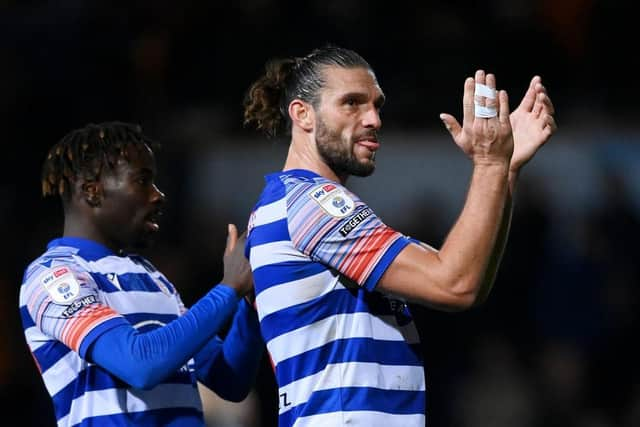 Andy Carroll of Reading applauds their fans after the final whistle of the Sky Bet Championship between Luton Town and Reading at Kenilworth Road on November 01, 2022 in Luton, England. (Photo by Justin Setterfield/Getty Images)