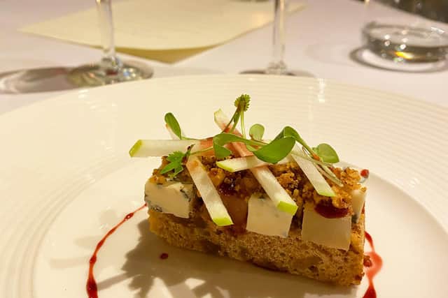 Course 5: Mrs Bells Blue Cheese with fruitloaf, port syrup, compressed apple and walnut