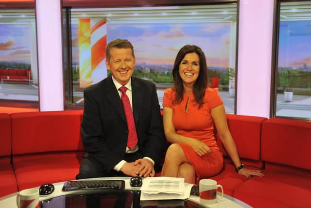 Bill Turnbull pictured with co-host Susanna Reid on the BBC Breakfast set in Salford. Picture: PA.