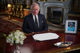 King Charles III delivers his address to the nation and the Commonwealth from Buckingham Palace. Picture PA/PA Images.
