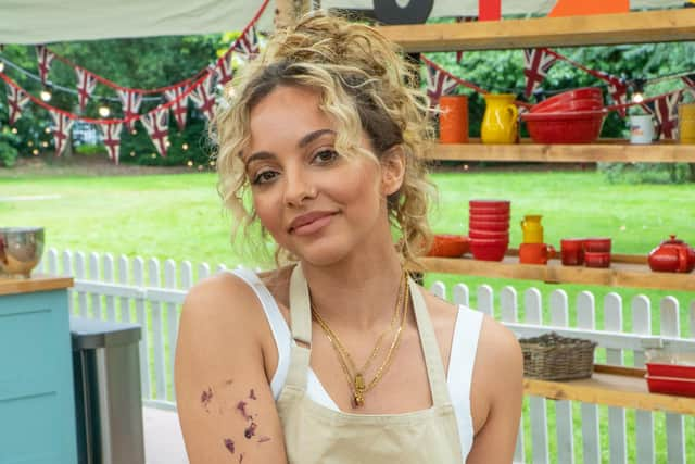 Jade Thirlwall in The Great Celebrity Bake Off tent. Picture: C4/Love Productions/Mark Bourdillon.