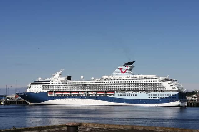 The TUI Marella Explorer 2 cruise ship at the Port of Tyne can be seen from South Shields riverside.