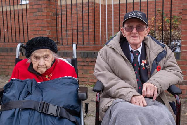 Sylvia Phillips, aged 103, and Maurice Pattisson, aged 102, at the Remembrance Sunday commemorations in South Shields.