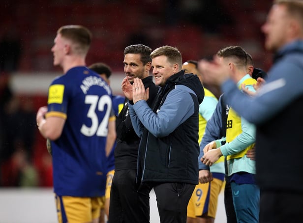 Newcastle United head coach Eddie Howe celebrates the win.