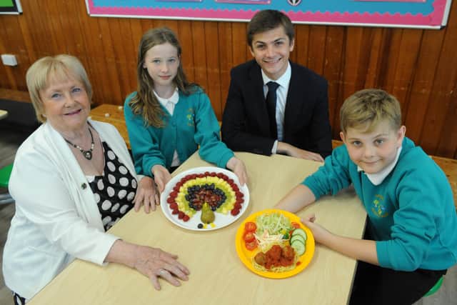 Leon Hardie and Ruby Dougherty, pupils at Bedeburn Primary School in Jarrow, with Councillors Margaret Meling and Adam Ellison.