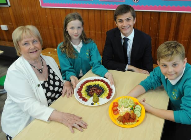 Leon Hardie and Ruby Dougherty, pupils at Bedeburn Primary School in Jarrow, with Councillors Margaret Meling and Adam Ellison.