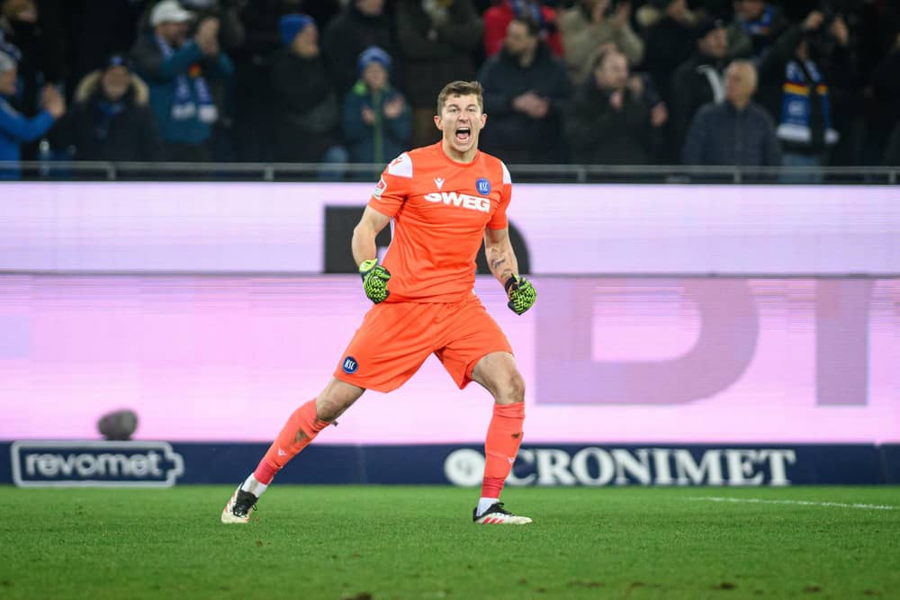 Max Weiss of Karlsruher SC celebrates a 1-0 victory during the 2.Bundesliga match against FC Koln on January 3, 2025 (Photo by Neil Baynes/Getty Images)