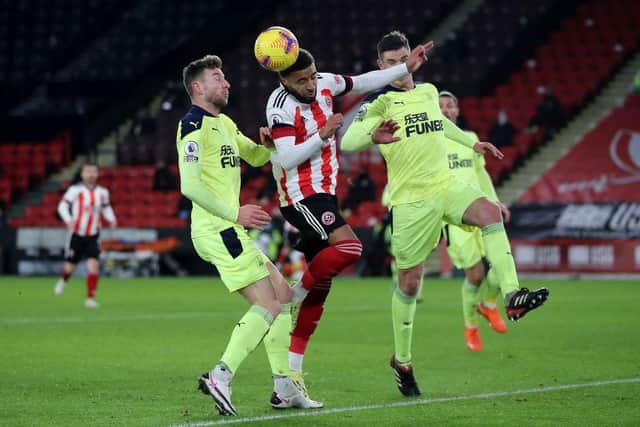 Sheffield United's English defender Jayden Bogle (C) vies with Newcastle United's Welsh defender Paul Dummett (L) and Newcastle United's Irish defender Ciaran Clark (2R) during the English Premier League football match between Sheffield United and Newcastle United at Bramall Lane in Sheffield, northern England on January 12, 2021.