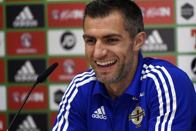 Former Newcastle United defender Aaron Hughes has been appointed to Michael O'Neill's backroom staff (Photo credit should read PHILIPPE DESMAZES/AFP via Getty Images)