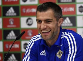 Former Newcastle United defender Aaron Hughes has been appointed to Michael O'Neill's backroom staff (Photo credit should read PHILIPPE DESMAZES/AFP via Getty Images)