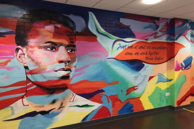 The new Marcus Rashford mural at Hebburn Comprehensive created by Frank Styles.