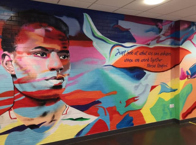 The new Marcus Rashford mural at Hebburn Comprehensive created by Frank Styles.