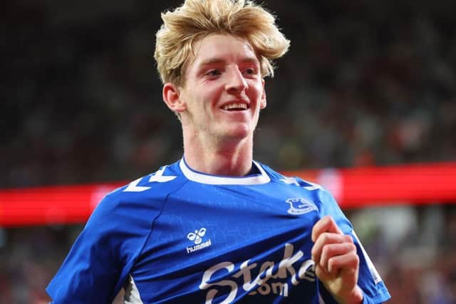 Everton's Anthony Gordon celebrates his goal during the Sydney Super Cup football match between Western Sydney Wanderers FC and Everton FC at the Allianz Stadium in Sydney on November 23, 2022.(Photo by DAVID GRAY/AFP via Getty Images)