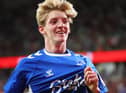Everton's Anthony Gordon celebrates his goal during the Sydney Super Cup football match between Western Sydney Wanderers FC and Everton FC at the Allianz Stadium in Sydney on November 23, 2022.(Photo by DAVID GRAY/AFP via Getty Images)