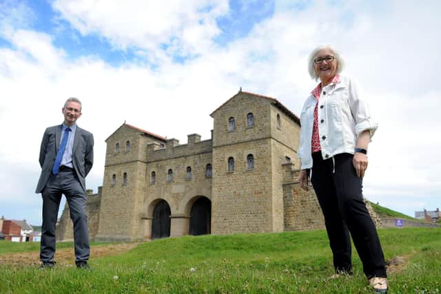 South Tyneside Council Cllr Joan Atkinson with Tyne and Wear Museum's Geoff Woodward at Arbeia Roman Fort, South Shields, marking English Tourism Week.