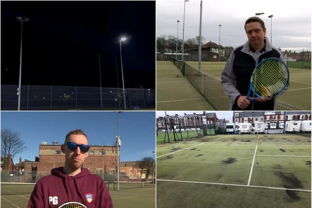 The current floodlights (above, left) are in need of replacement, say club bosses; chairman, Mike McGurrell, appeals for financial support (above, right); Phil Givens, the club's head coach, hopes to see more residents taking up tennis during the Covid months (below, left); the playing surface is in need of maintenance work, the club says (below, right).